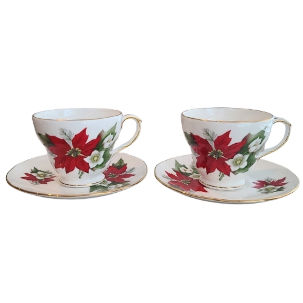 Duchess England Bone China Tea Cup Saucer Set Of 2 Christmas Pointsetta Gold Rim